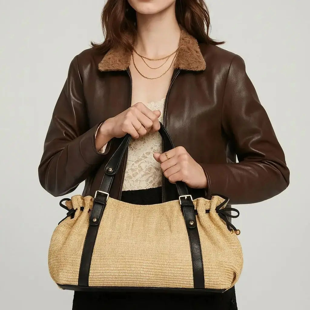 Contrast-Strap Woven Shoulder Bag