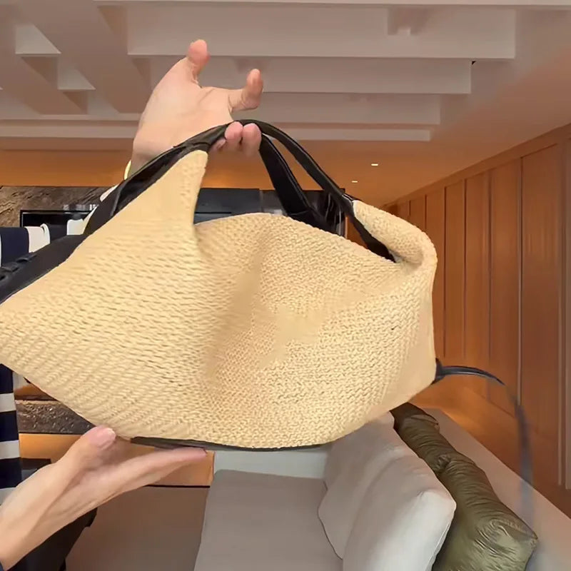 Contrast-Trim Woven Hobo Bag