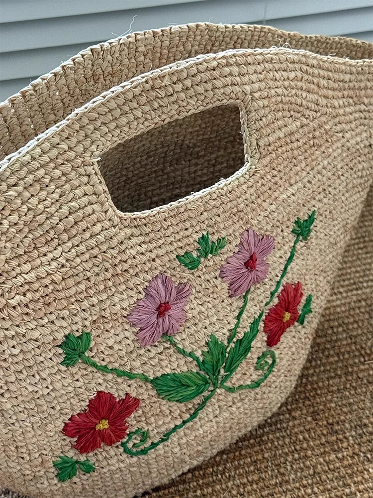 Floral Embroidered Woven Basket Bag