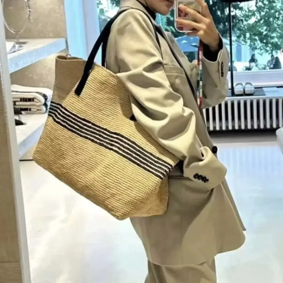 Striped Woven Shoulder Tote