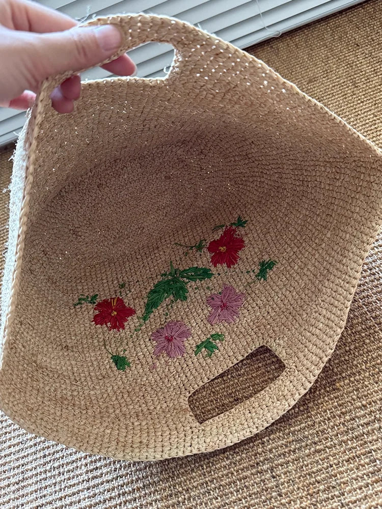 Floral Embroidered Woven Basket Bag