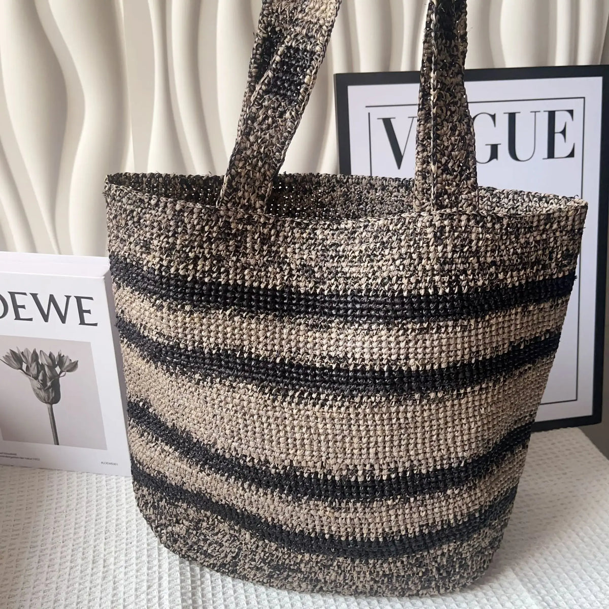 Striped Woven Basket Tote