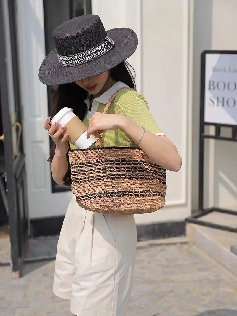 Striped Woven Shoulder Tote