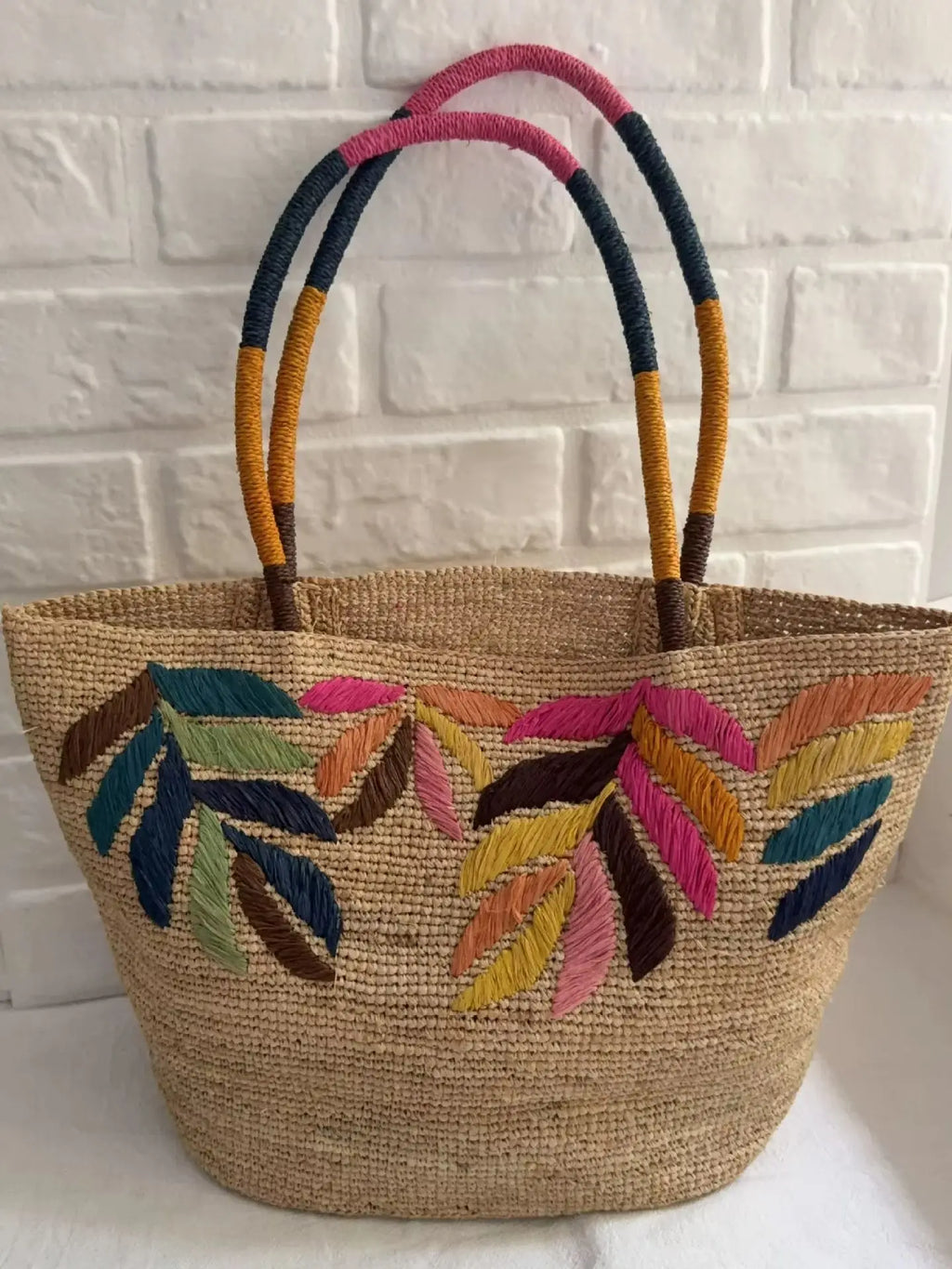 Leaf Embroidered Woven Tote