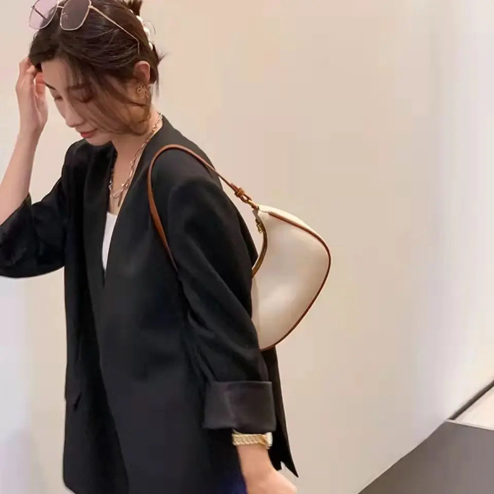 Curved Contrast-Trim Shoulder Bag