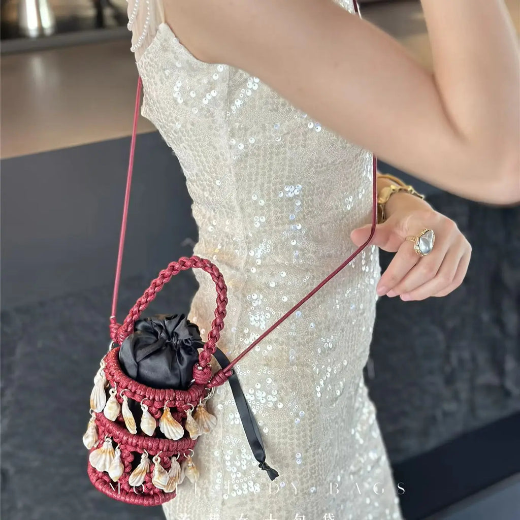 Beaded Woven Bucket Bag