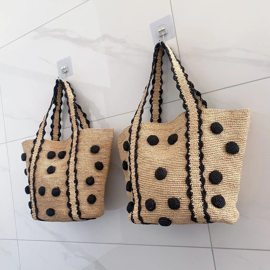 Dot-Detail Woven Tote Bag