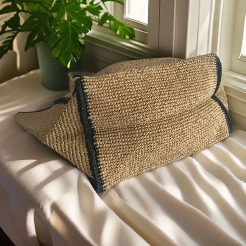 Contrast-Trim Woven Tote Bag