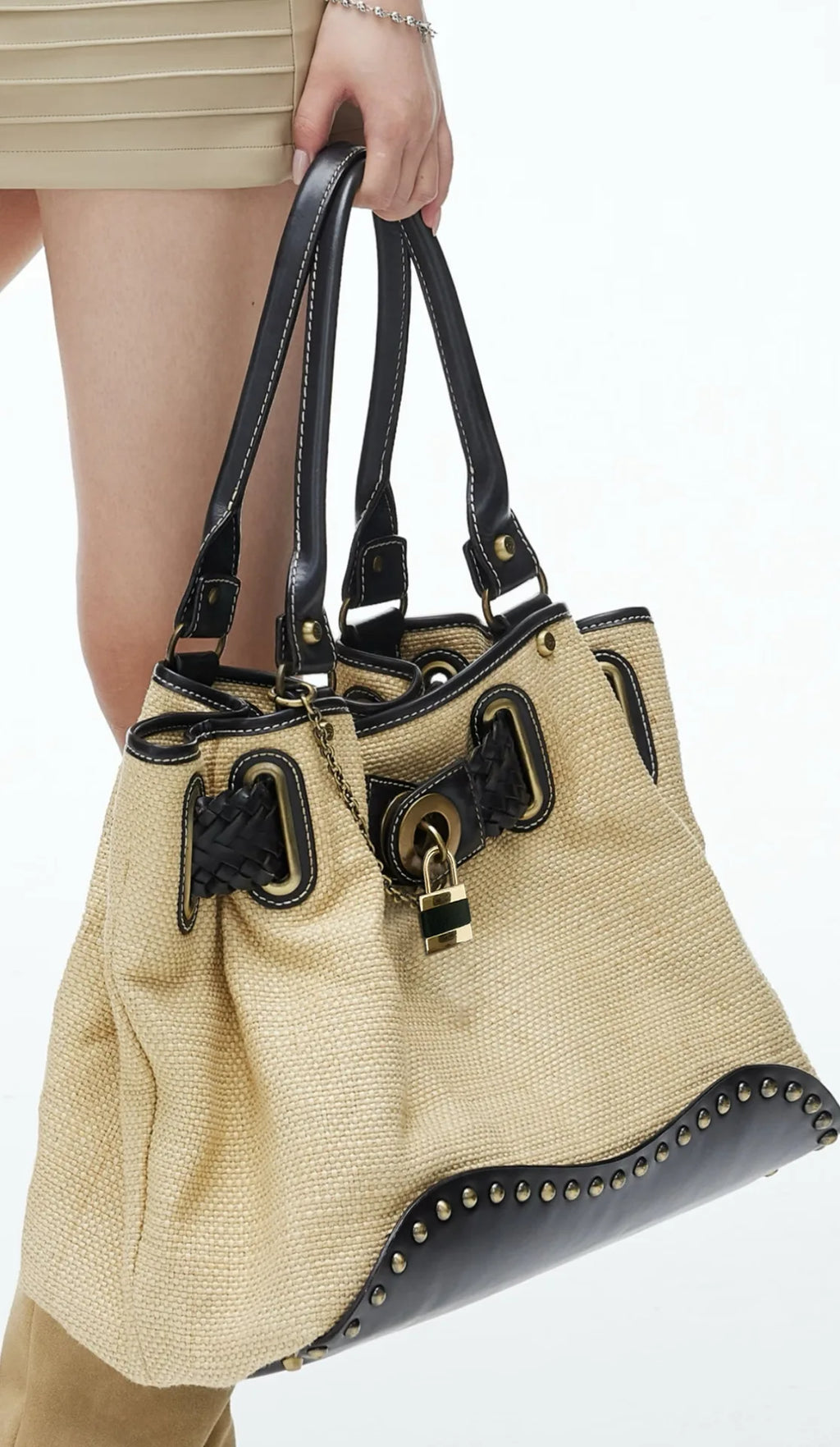 Buckle Trim Woven Tote Bag