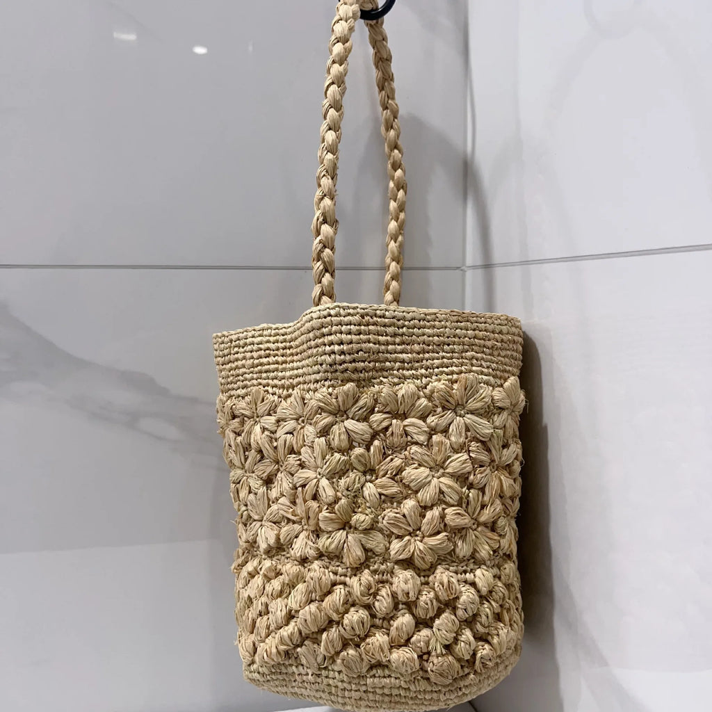 Floral-Textured Woven Bucket Bag