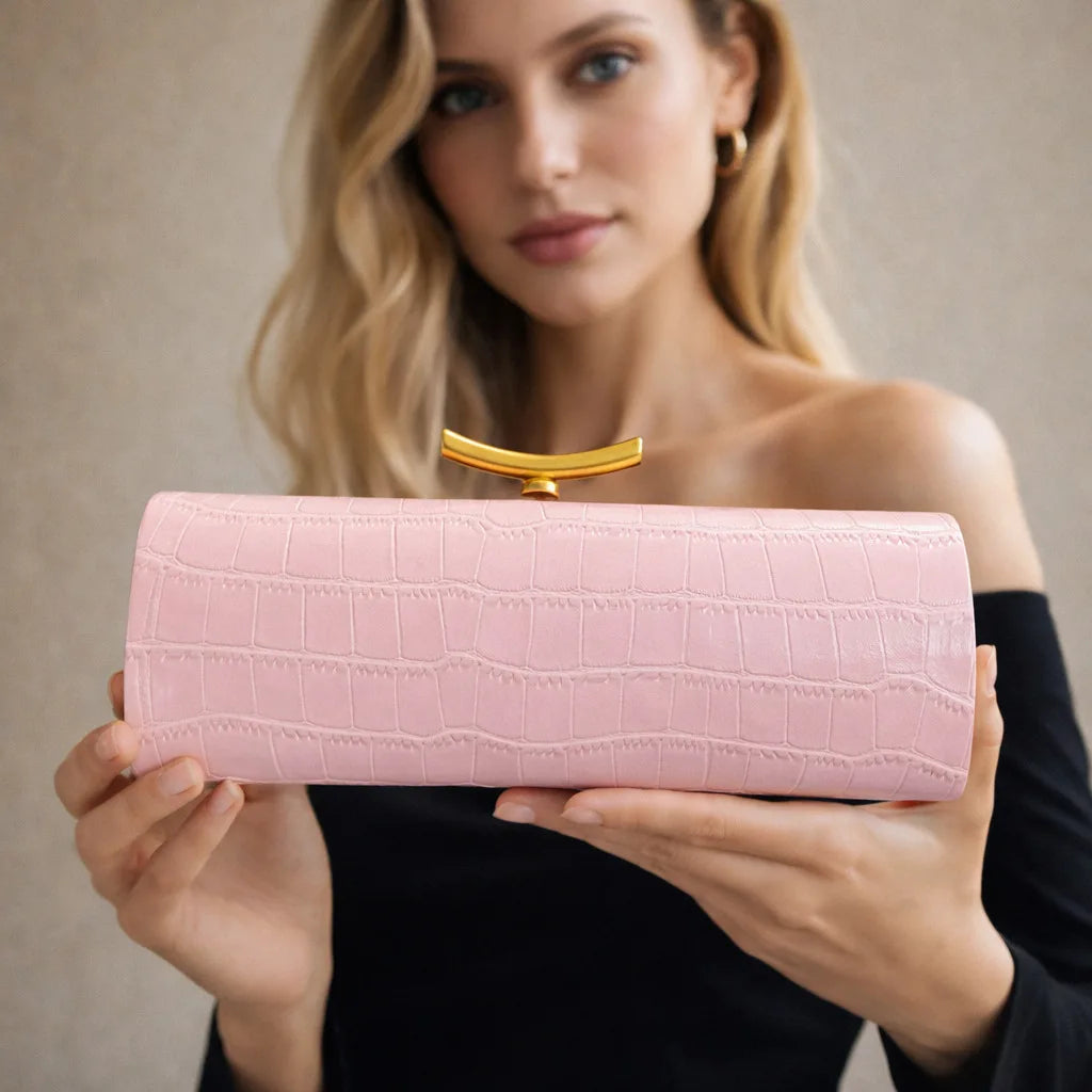 Croc-Embossed Cylinder Clutch Bag