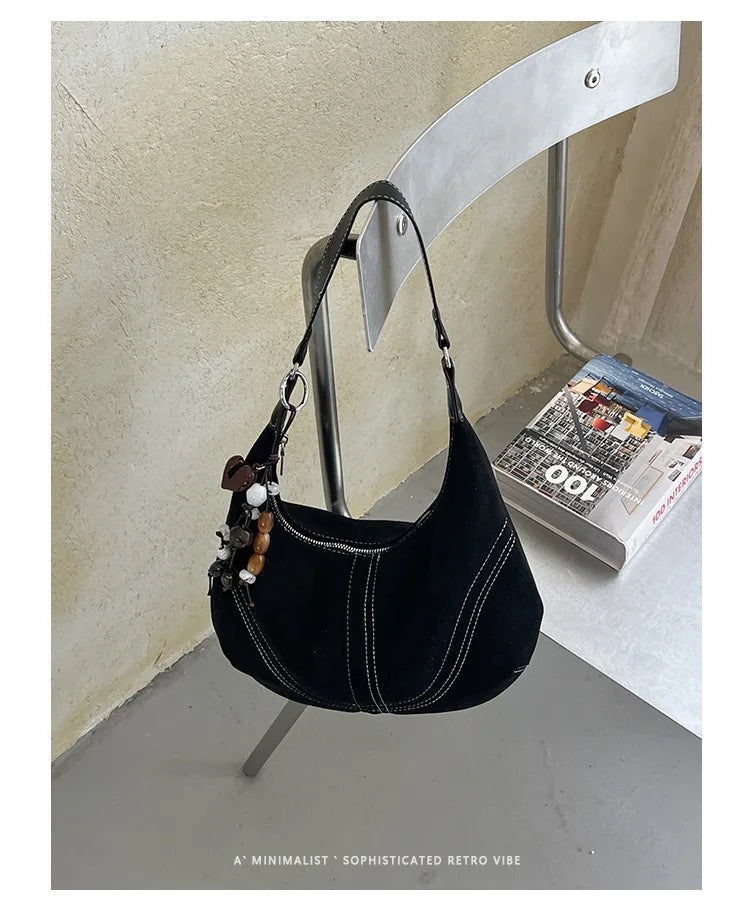 Contrast Stitch Crescent Shoulder Bag