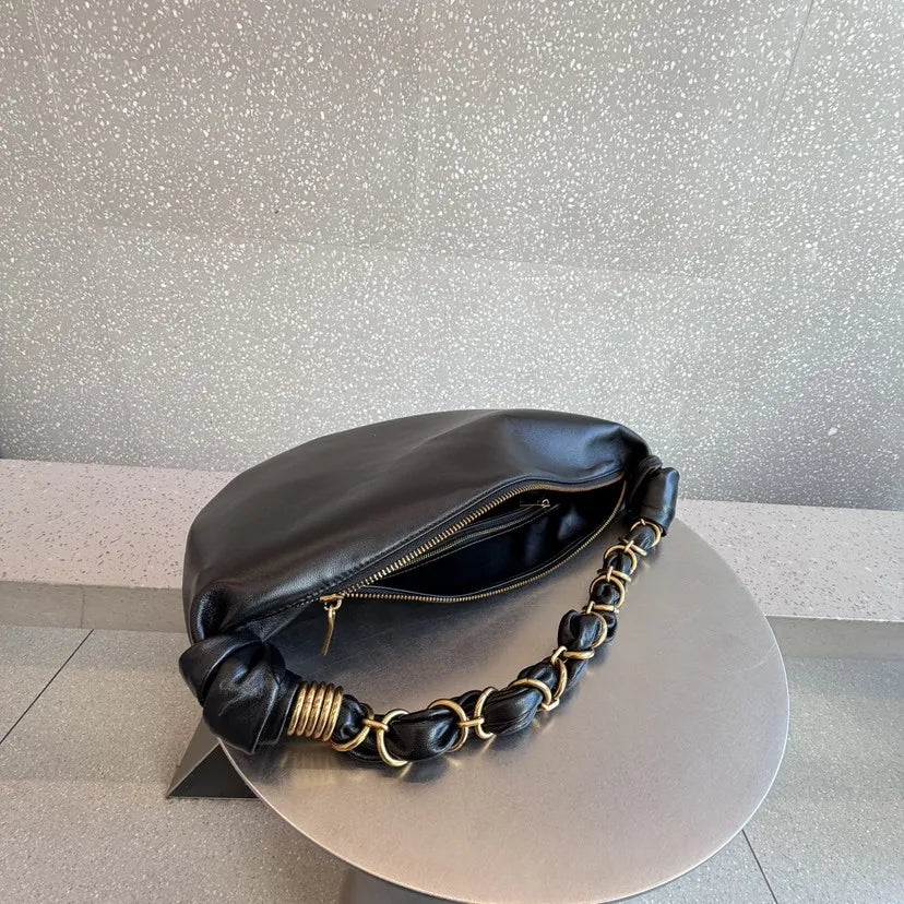Chain-Trim Crescent Shoulder Bag