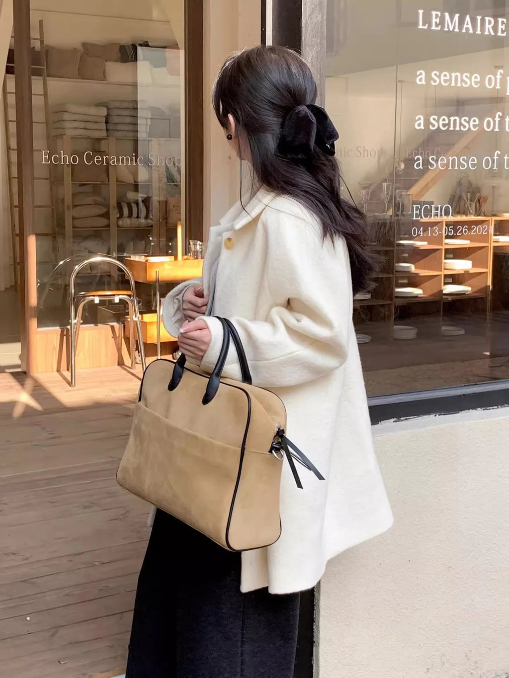 Contrast-Trim Top-Handle Bag