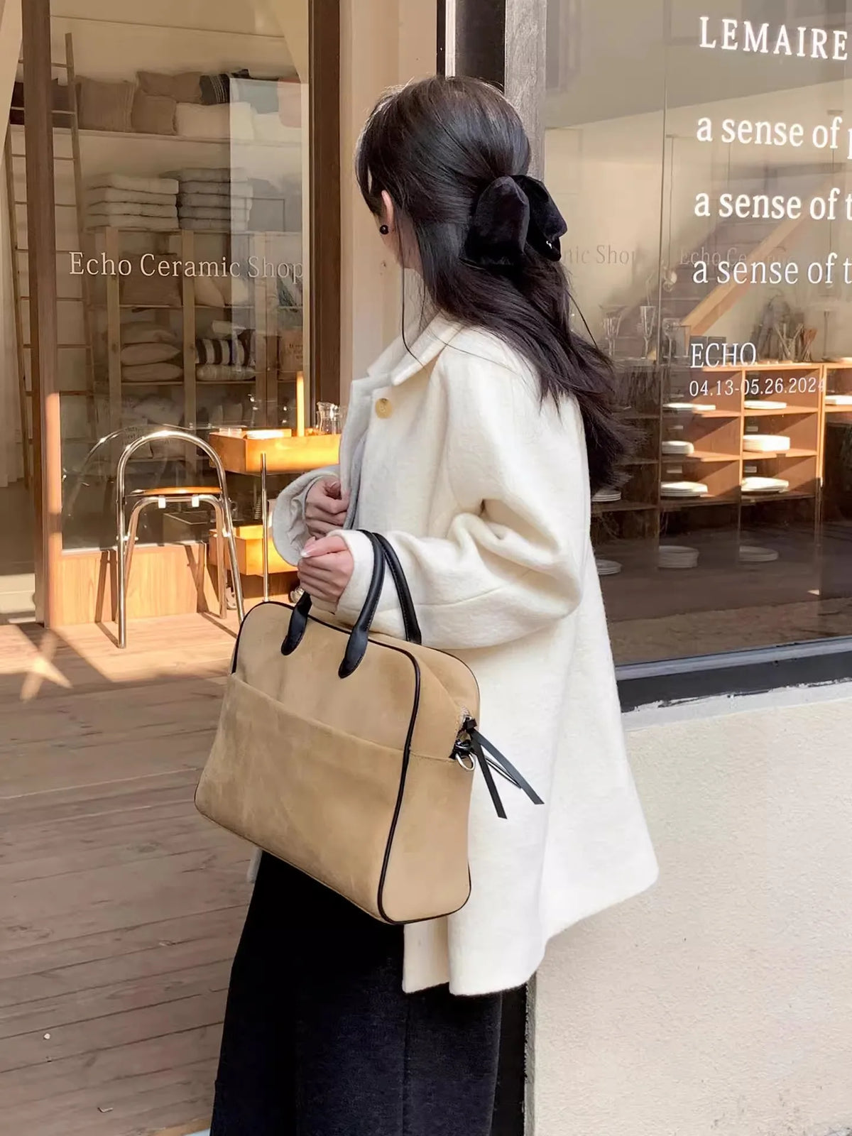 Contrast-Trim Top-Handle Bag