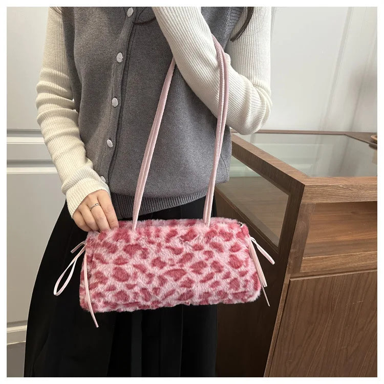 Leopard-Print Plush Shoulder Bag