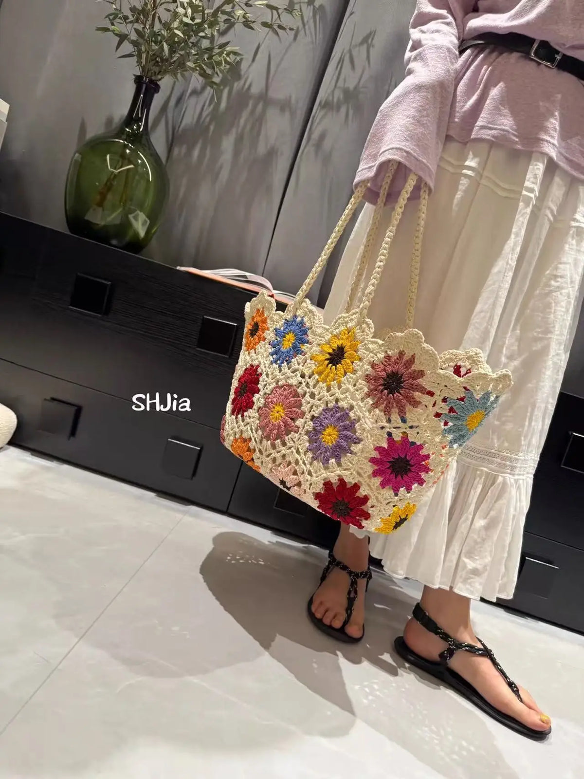 Floral Open-Weave Shoulder Bag