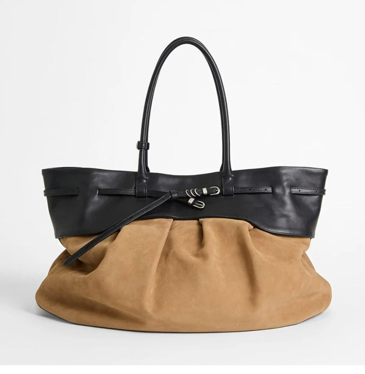 Contrast-Panel Buckled Tote Bag