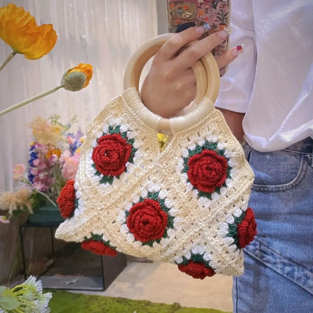 Floral Applique Round-Handle Handbag