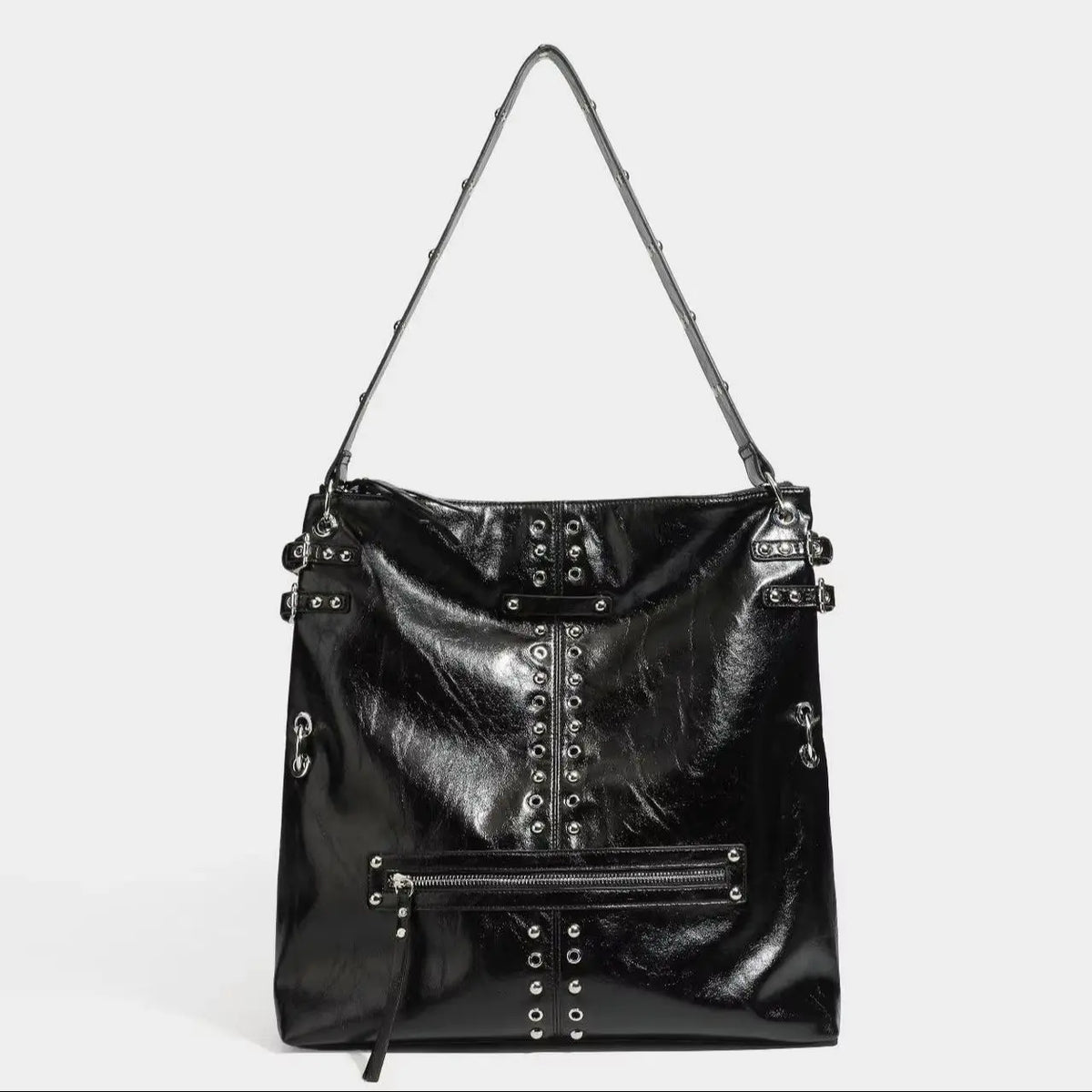 Studded Zip-Pocket Shoulder Bag