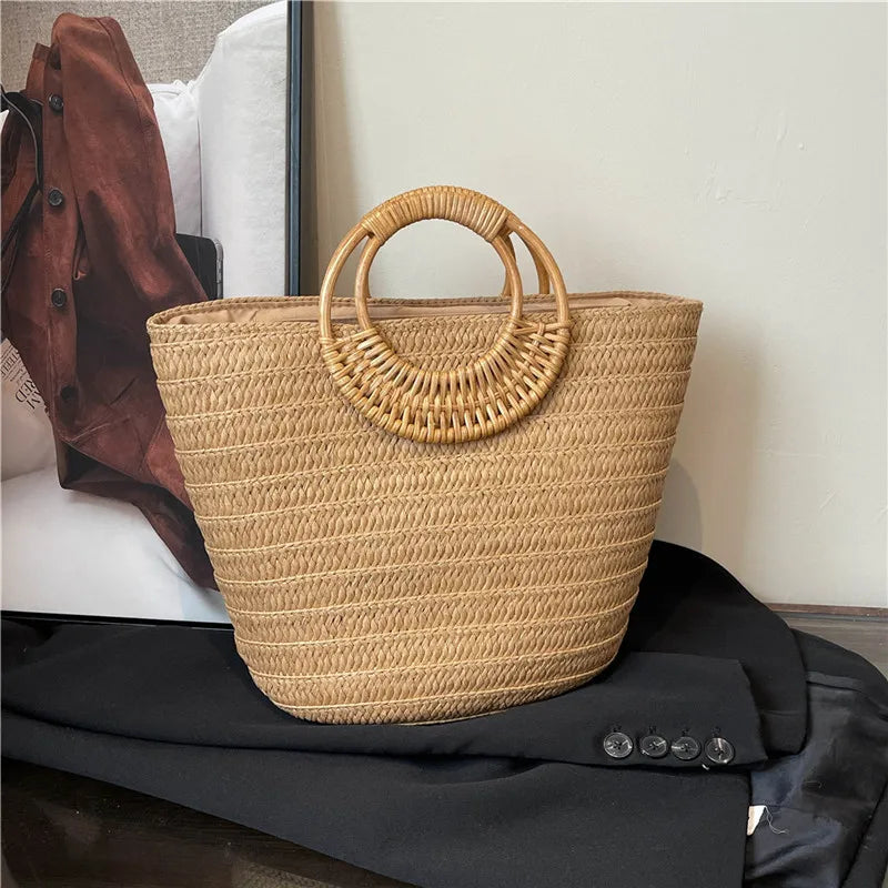 Round-Handle Woven Tote Bag