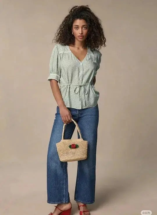 Rose-Applique Woven Tote Bag