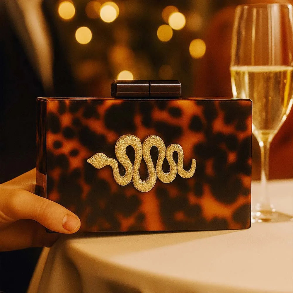 Snake-Motif Leopard Clutch Bag
