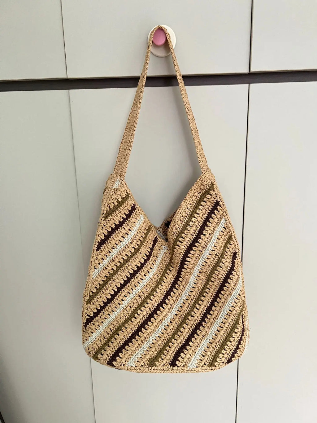 Diagonal-Stripe Woven Shoulder Bag