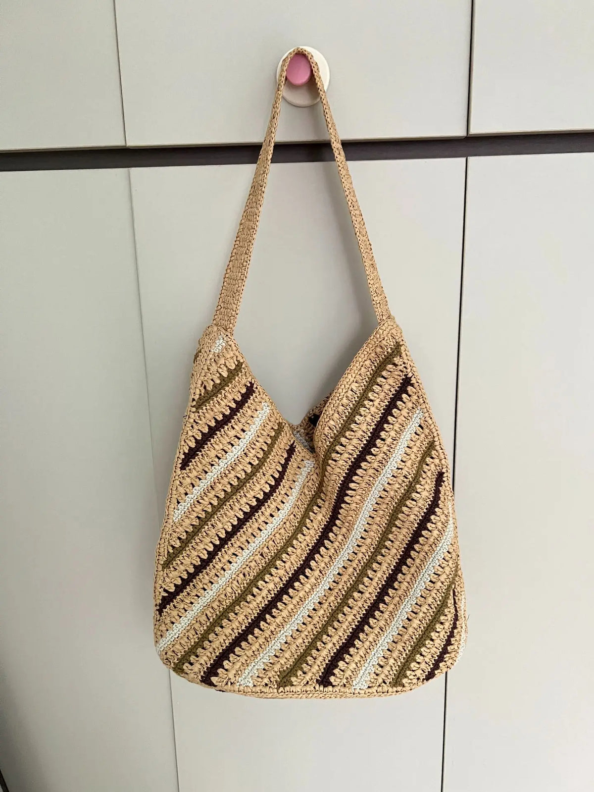 Diagonal-Stripe Woven Shoulder Bag