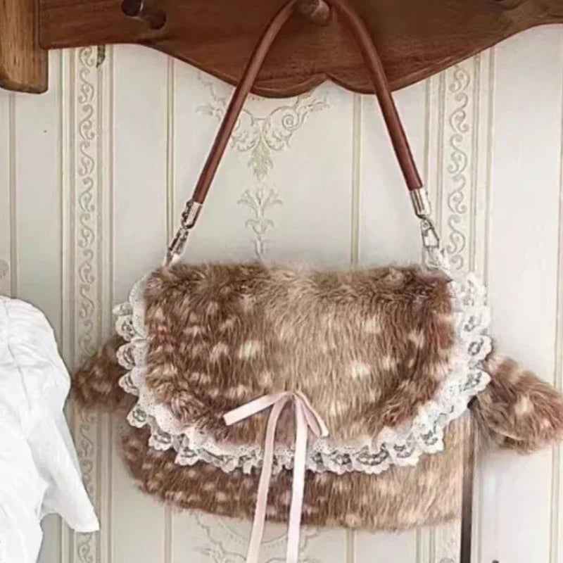 Ruffle-Trim Plush Shoulder Bag