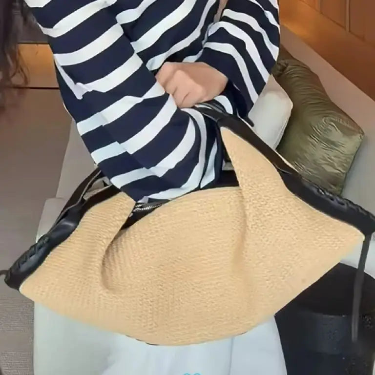 Contrast-Trim Woven Hobo Bag
