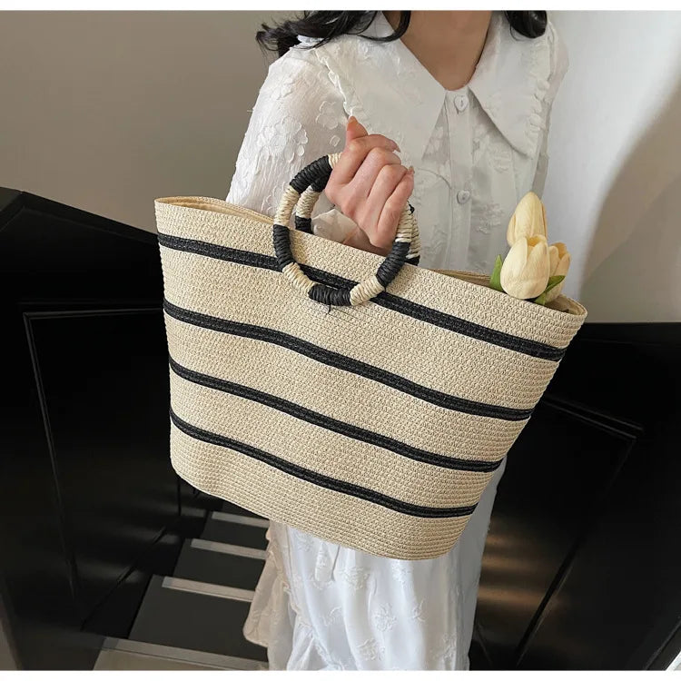Striped Ring-Handle Basket Bag