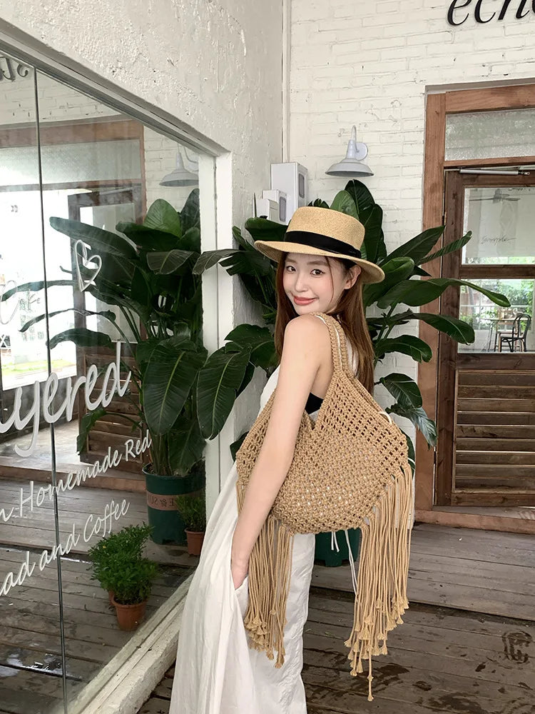 Long-Fringe Woven Shoulder Bag