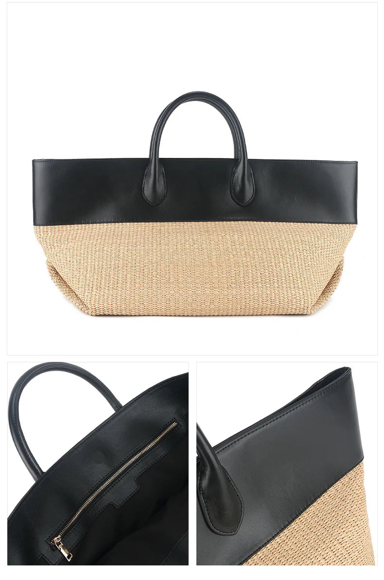 Contrast-Panel Woven Tote Bag