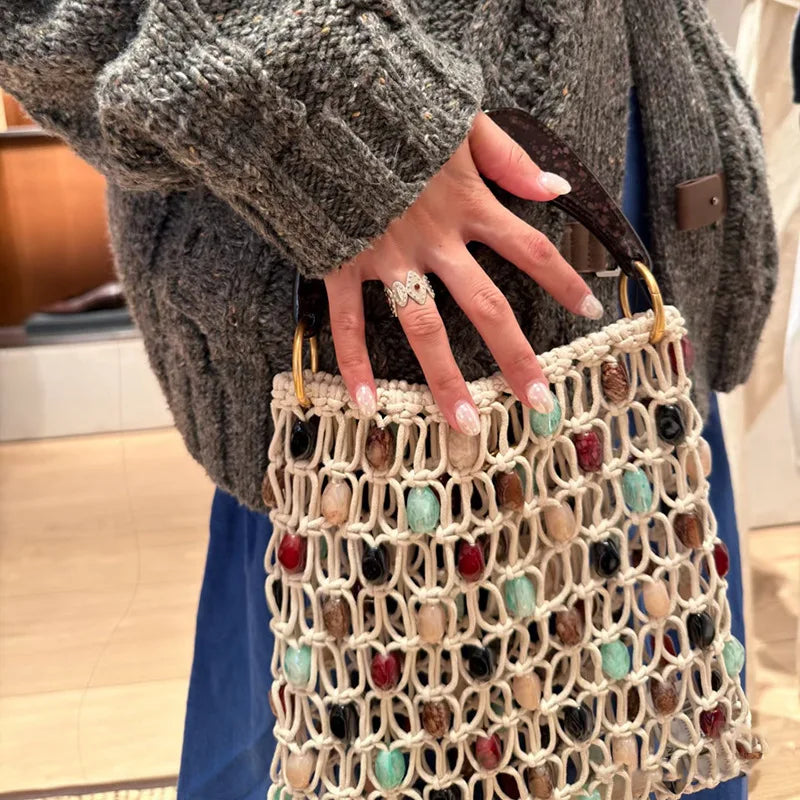 Beaded Openwork Top-Handle Bag