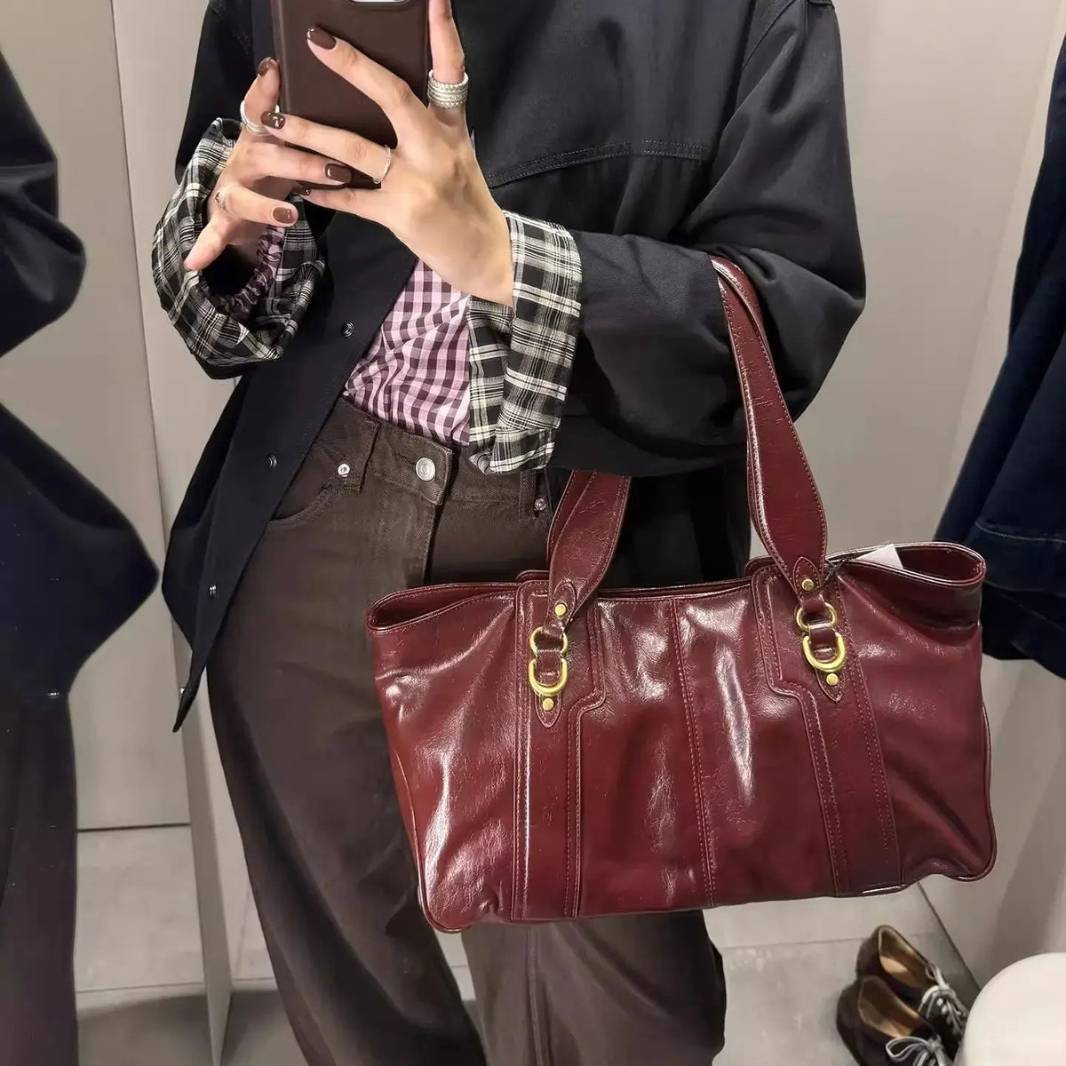 Ring-Detail Shoulder Tote Bag