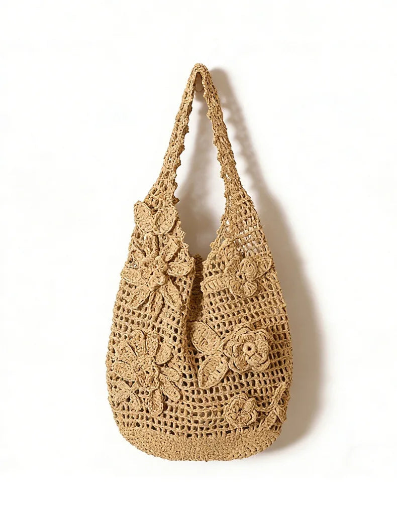 Floral Openwork Woven Tote