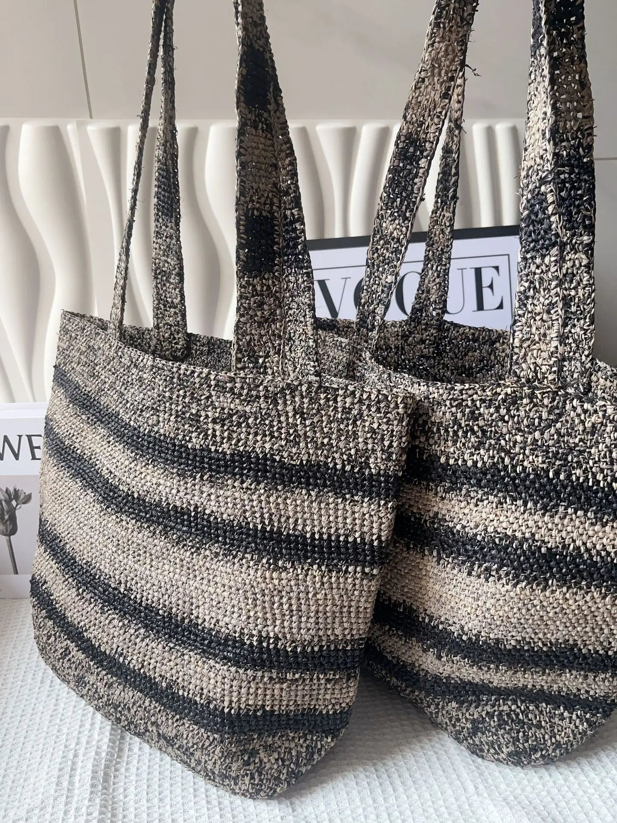 Striped Woven Basket Tote