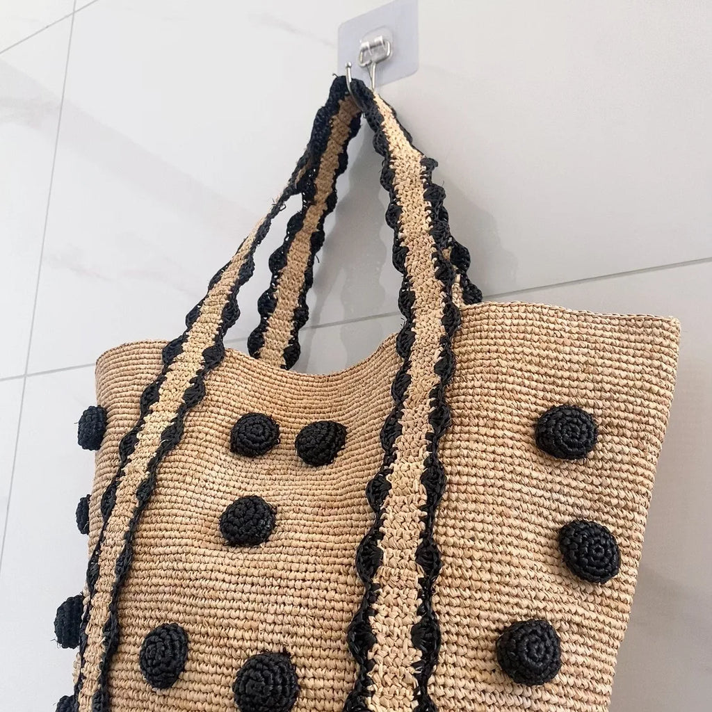 Dot-Detail Woven Tote Bag