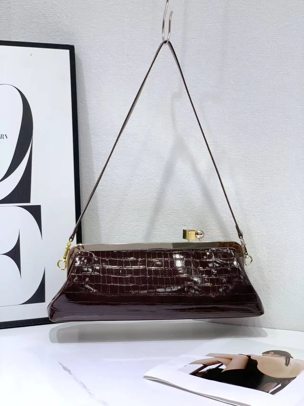 Croc-Embossed Frame Shoulder Bag